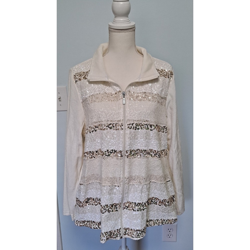 Quacker Factory Womens Jacket XL Size Off White Lace Sequin Zip Front